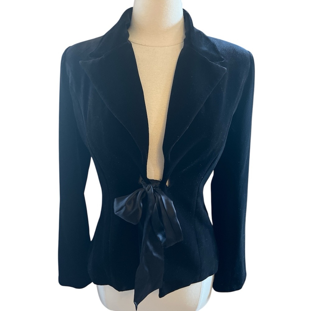 JS Collection Black Velvet Blazer w/ Black Silk ribbon tie front closure Size 6